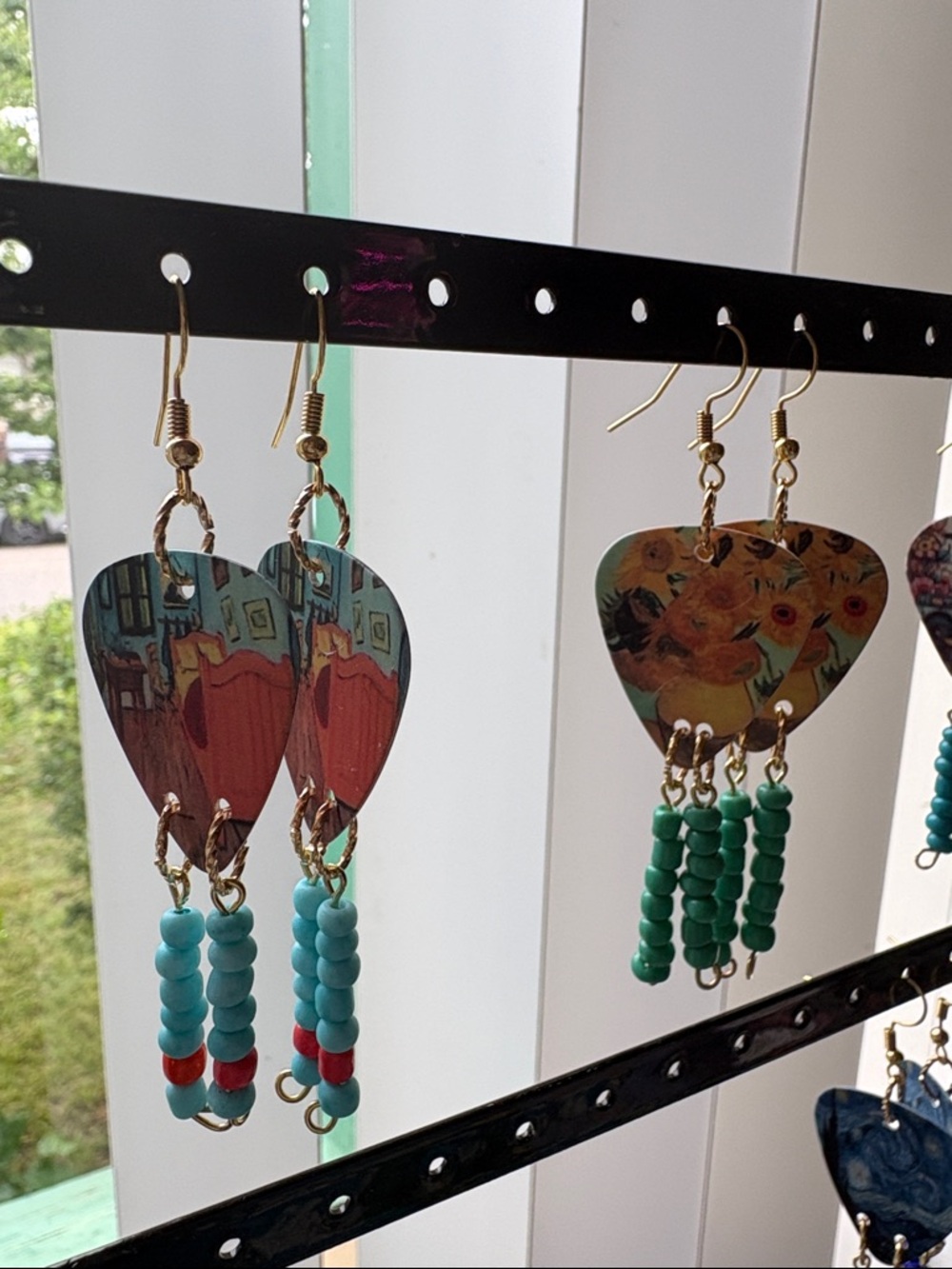 Colorful Guitar Pick Dangle Earrings with Turquoise Beads